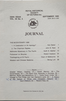 Cover to  Royal Historical Society of Victoria Journal