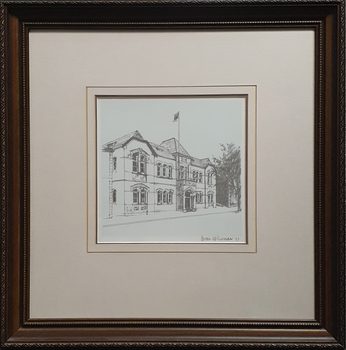 A framed drawing of a double storey building