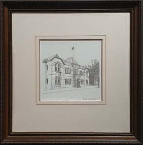 A framed drawing of a double storey building