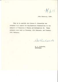 Letter, Ballarat School of Mines Letter Concerning Horace W. Kinnersley, 19/02/1948