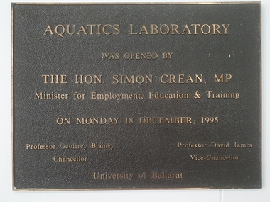 Photograph, Plaque for the Federation University  Aquatics Laboratory on Mount Helen Campus, 1995