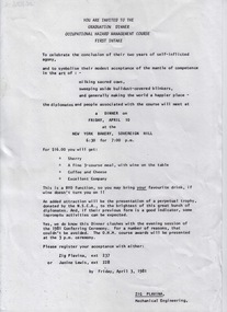 Document - Invitation, VIOSH: Graduation Dinner Invitation, Occupational Hazard Management First Intake, 1981