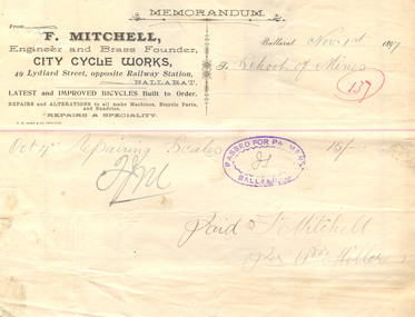 Document, Invoices to the Ballarat School of Mines, 1897