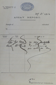 Document, Ballarat School of Mines Assay Report, 1912