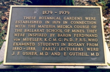 Photograph, Plaque in the Ballarat School of Mines Botanical Gardens, c1990