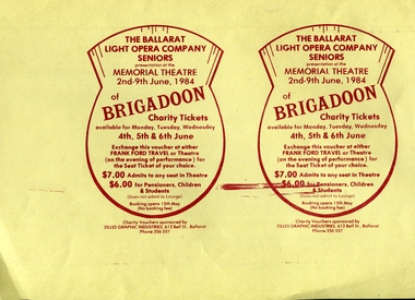 Document - Ticket Voucher, Jeff Zilles, ZILLES COLLECTION: Ballarat Light Opera Company Seniors Present Brigadoon at the Memorial Theatre, 1984