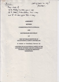 Document - Document - Report, VIOSH: A Review of Occupational Safety and Health in the Antarctic Division and A.N.A.R.E.; August 1990 and Agreement with Commonwealth of Australia to perform review