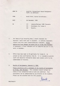 Document - Document - Timetable, VIOSH: Graduate Diploma Hazard Management Staff, Draft Timetable, 1983