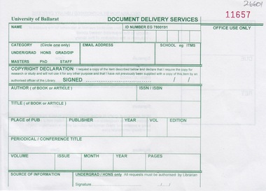 Document - Document - Delivery docket, VIOSH: University of Ballarat; Document Delivery Service Slip