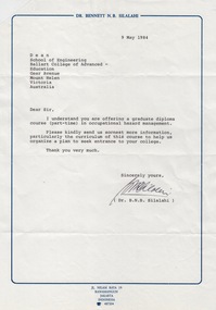 Document - Document - Letter, VIOSH: BCAE: Letter from Dr B N  Silalahi to Derek Woolley re Occupational Hazard Management Course, 1984