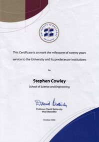 Document - Document - Certificate, VIOSH: Certificate to Steve Cowley for Twenty Years Service