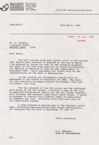 Document - Document - Letter, VIOSH: BCAE; Letter from Derek Woolley to students of Graduate Diploma in Occupational Hazard Management, 1984