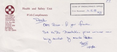 Document - Document - Correspondence, VIOSH: Letters from Steve Cowley to prize givers for the Graduate Diploma in Occupational Hazard Management, 1988