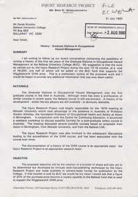 Document - Document - Correspondence, VIOSH: Letter from Eric Wigglesworth to Derek Woolley re History: Graduate Diploma in Occupational Hazard Management, 1990