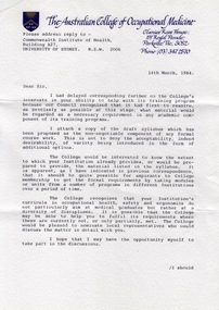 Document - Document - Correspondence, VIOSH: Correspondence between Ballarat College of Advanced Education and The College of Occupational Medicine, 1984