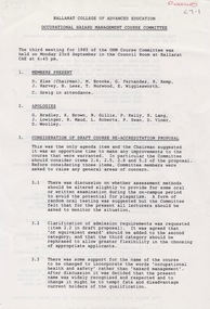 Document - Document - Meeting Agenda, VIOSH: BCAE: Occupational Hazard Management Course Committee, Draft Course Re-Accreditation Proposal, 1985