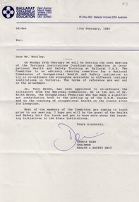 Document - Document - Correspondence, VIOSH: Letter inviting Derek Woolley to the meeting of the Tertiary Institutions Co-Ordinating Committee at Ballarat C.A.E., 1986