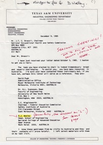 Document - Document - Correspondence, VIOSH: Letter from Professor Ralph Vernon, Texas A&M University, to J Brassil, Chair, National Occupational Health and Safety Commission, 1985