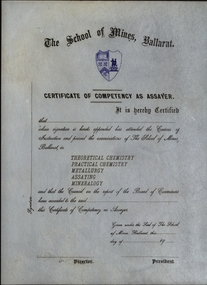 Certificate, Ballarat School of Mines Certificate of Competency as Assayer (blanks)