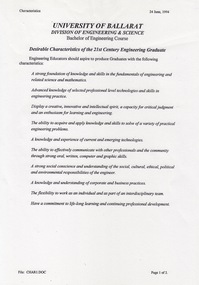 Document - Document - Student Characteristics, VIOSH: University of Ballarat, Division of Engineering and Science, Desirable Characteristics of Graduates