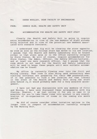 Document - Document - Correspondence, VIOSH: Accommodation for Health and Safety Unit Staff - Request from Eric Wigglesworth, February 1986