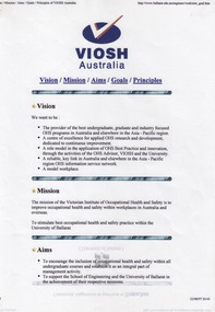 Document - Document - Outline for VIOSH, VIOSH: The Vision, Mission, Aims, Goals and Principles for the Victorian Institute of Occupational Safety and Health,1997