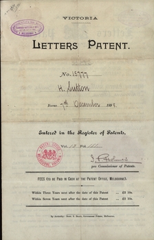 Front page of Victorian Patent for Combustion Engine 
