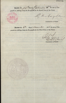 Back page of Victorian Patent for Combustion Engine with signatures