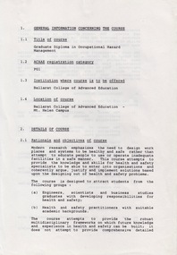 Document - Document - Course Outline, VIOSH: Ballarat College of Advanced Education; General Information - Graduate Diploma in Occupational Hazard Management, c1986