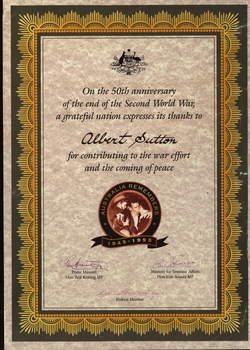 Cetificate given to Albert Sutton on the 50th Aniversary of World War II