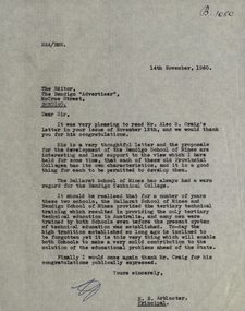 Document - Document - Correspondence, Ballarat School of Mines: Letter to Editor of Bendigo "Advertiser" from H E Arblaster, 14th November 1960