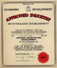 Certificate - Certificate - Approved Industry, ZILLES COLLECTION: Recognition by Victorian Government - Approved Decentralized Establishment, 1982