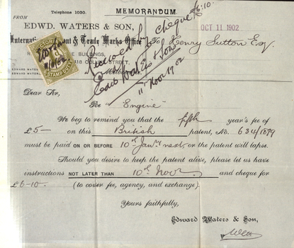 Memo of reminder for patent fees