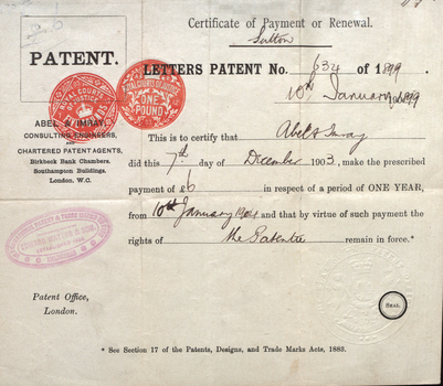 Receipt for British Patent in December 1903