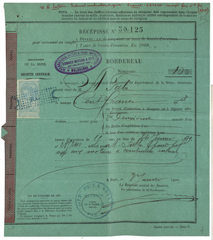 French receipt for payment of patent fees