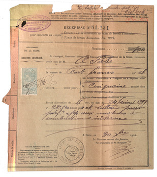 French receipt for payment of patent fees
