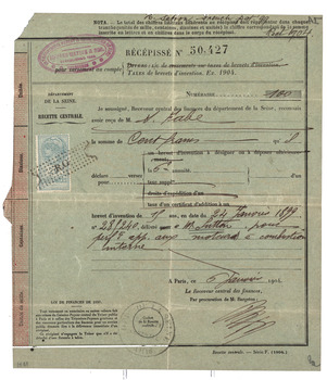 French receipt for payment of patent fees