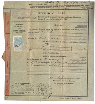 French receipt for payment of patent fees
