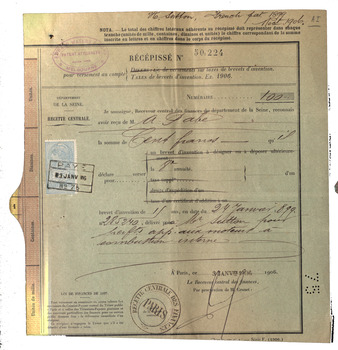 French receipt for payment of patent fees