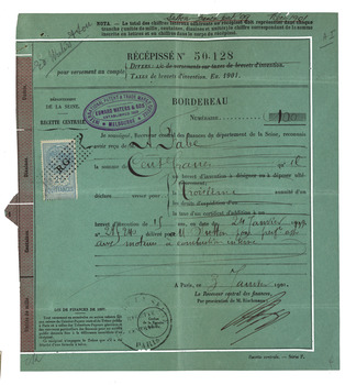 French receipt for payment of patent fees