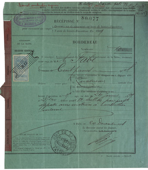 French receipt for payment of patent fees