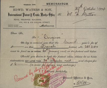 Memo of reminder to pay fees for patent.