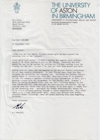 Document - Document - Correspondence, VIOSH: Correspondence between Dennis Else (BCAE) and Mike Brekin (Uni of Aston, U.K.) re Australian International Development Assistance Bureau (AIDAB)