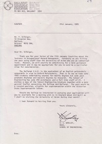 Letter - Letter - Application, VIOSH: Ballarat College of Advanced Education; Reply to Application from P Silbiger, England, 1983
