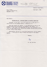 Document - Document - Correspondence, VIOSH: Ballarat College of Advanced Education; Training Course in Factory Inspection, 1983