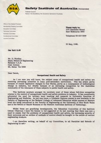 Document - Document - Correspondence, VIOSH: Safety Institute of Australia:  Discussions on Occupational Health and Safety Programs in Tertiary Settings,1983