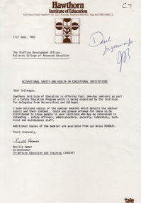 Programme - Programme - Seminar, VIOSH: Hawthorn Institute of Education; Occupational Health and Safety Seminar, 1983
