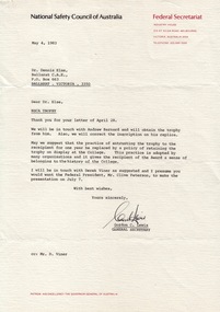 Document - Document - Correspondence, VIOSH: National Safety Council of Australia; NSCA Trophy, 1983