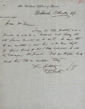  Letter from School of Mines Ballarat to Mr Robinson