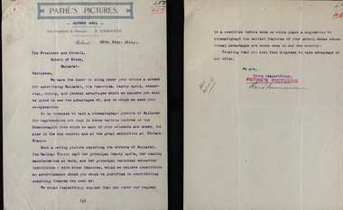 Letter from Pathe Pictures to School of Mines, Ballarat